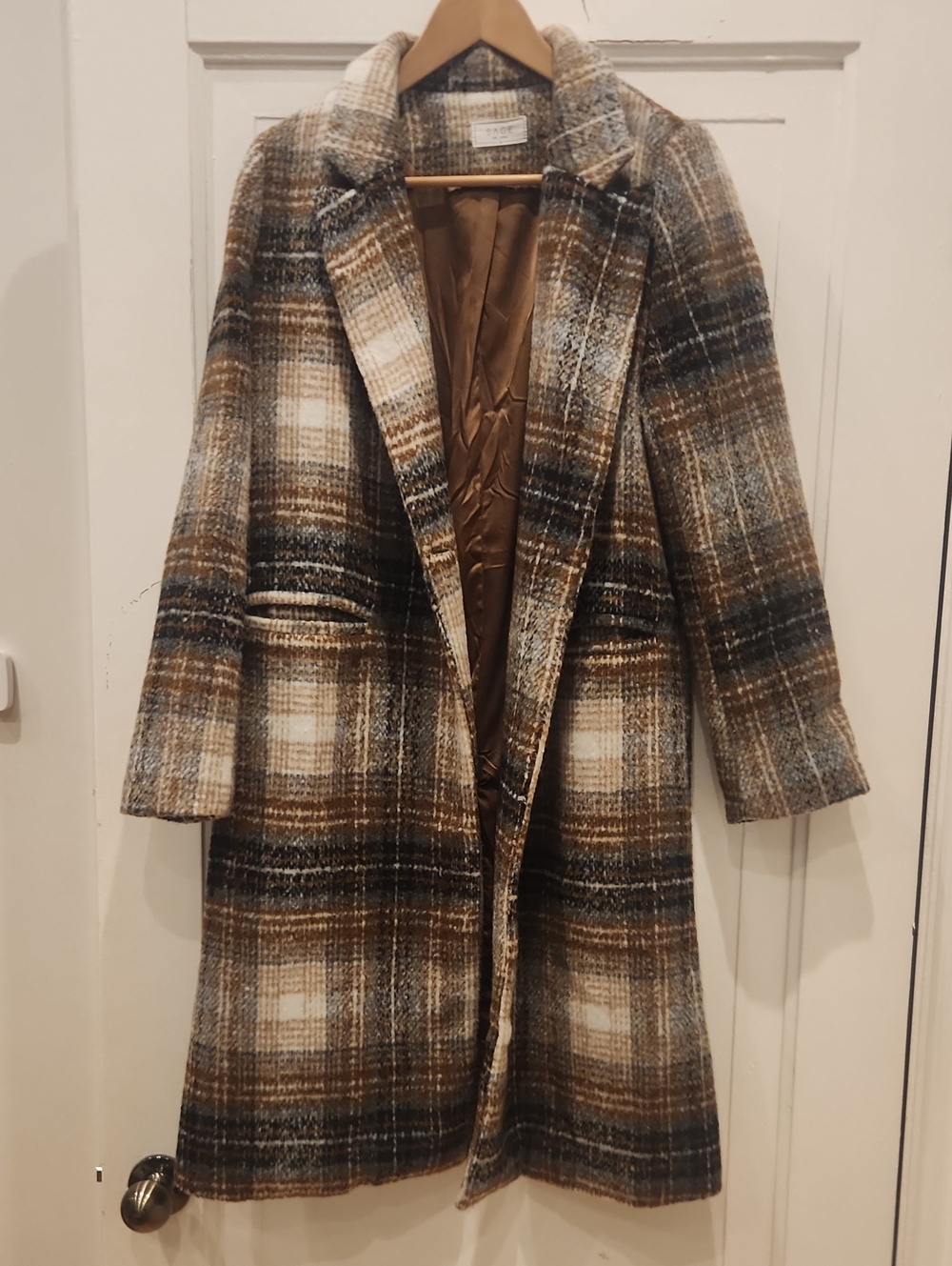 Sage Plaid Long Trench Coat in Brown, Cream, Black And Gray